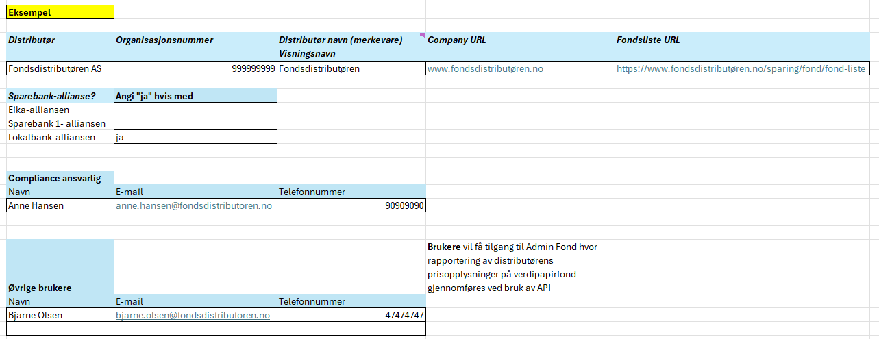 Example of fund registration in excel